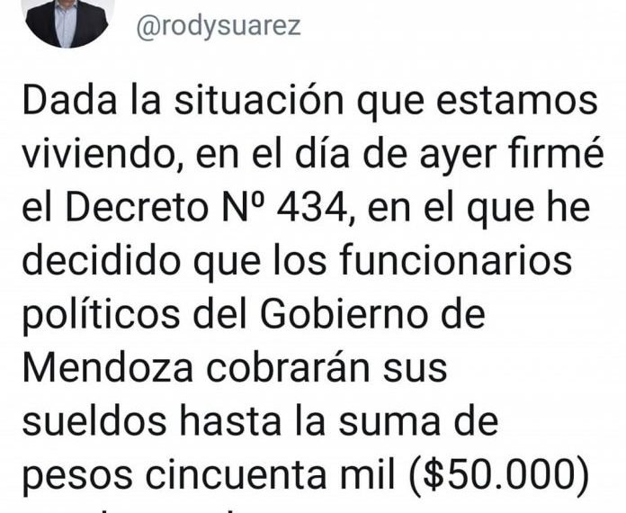 El Gobernador, intendentes y concejales pusieron un tope de $50.000 a sus sueldos de marzo